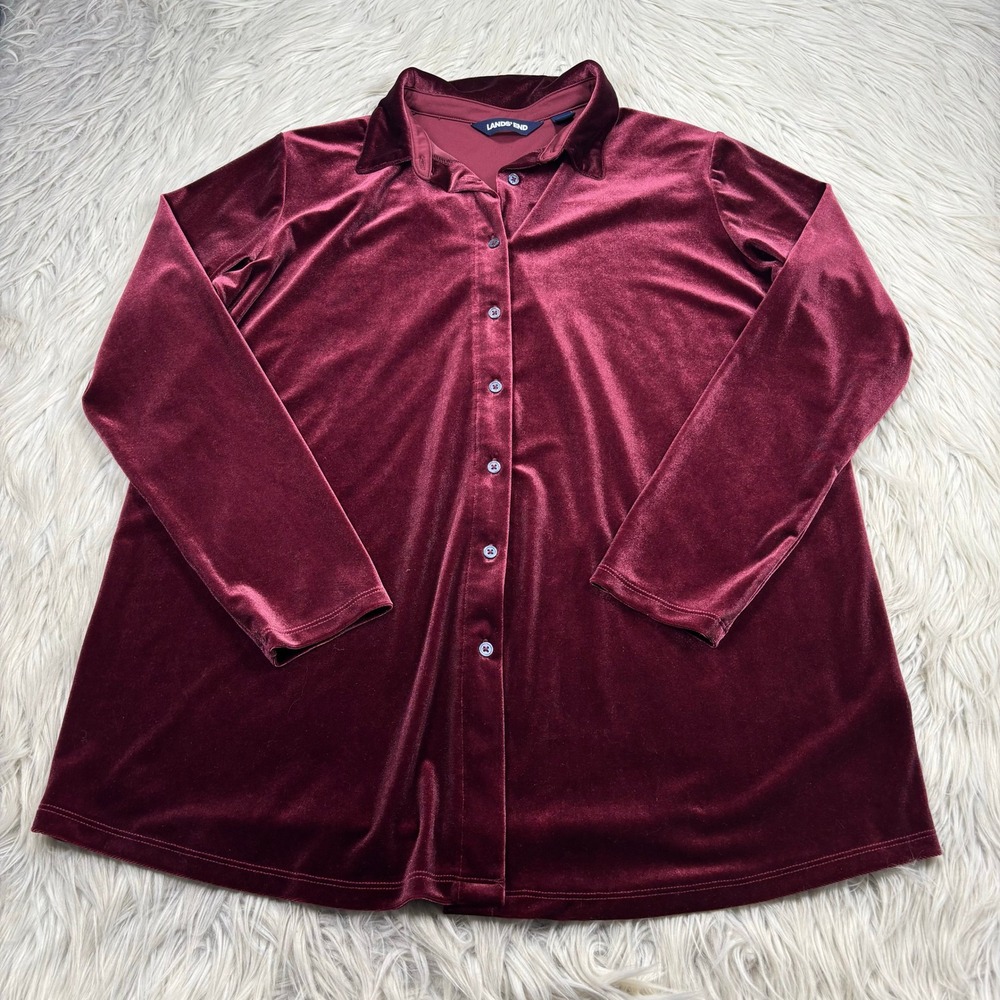 Lands' End Women's MP Wine Red Velvet Button Front Shirt Christmas Romantic